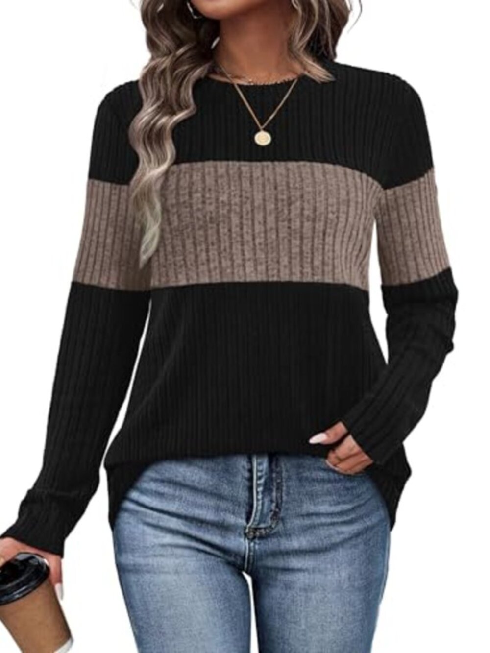 Womens Color Block Tunic Sweater Long Sleeve Pullover Crew Neck